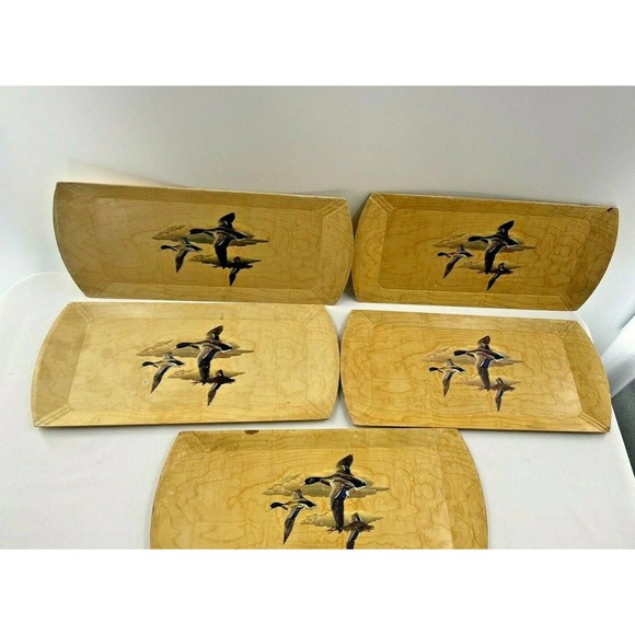 Vintage HASKO Flying Mallard Ducks Lithographed Wood Trays Display Lot of (5) - Picture 9 of 12